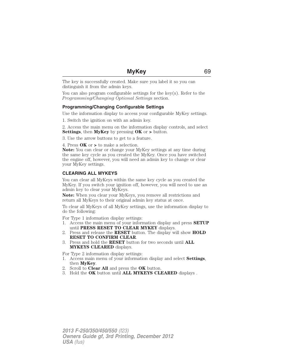 Programming/changing configurable settings, Clearing all mykeys, Clearing | Mykey 69 | FORD 2013 F-550 v.3 User Manual | Page 70 / 577