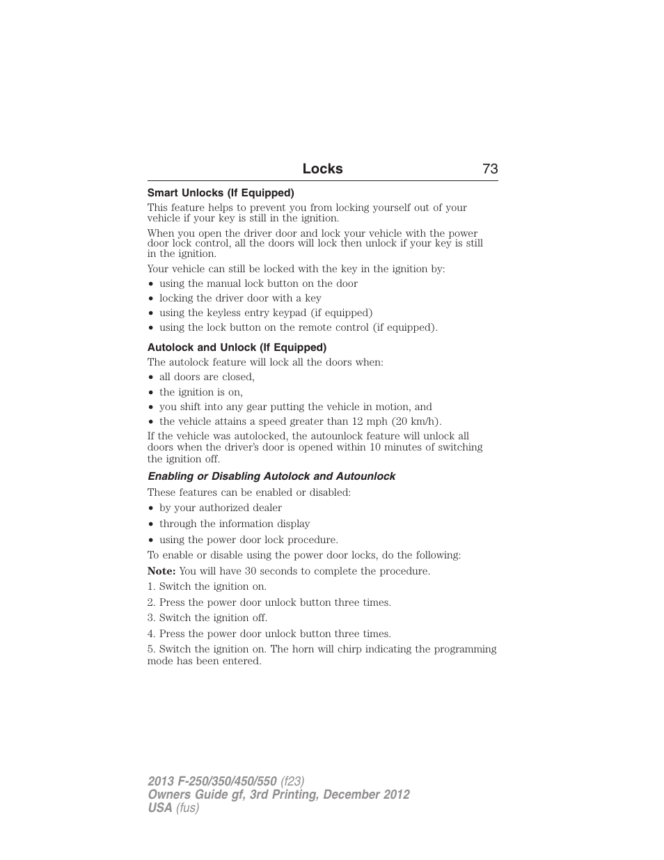 Smart unlocks (if equipped), Autolock and unlock (if equipped), Enabling or disabling autolock and autounlock | Locks 73 | FORD 2013 F-550 v.3 User Manual | Page 74 / 577