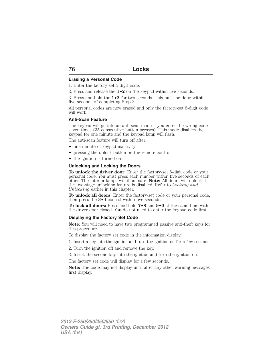 Erasing a personal code, Anti-scan feature, Unlocking and locking the doors | Displaying the factory set code, 76 locks | FORD 2013 F-550 v.3 User Manual | Page 77 / 577