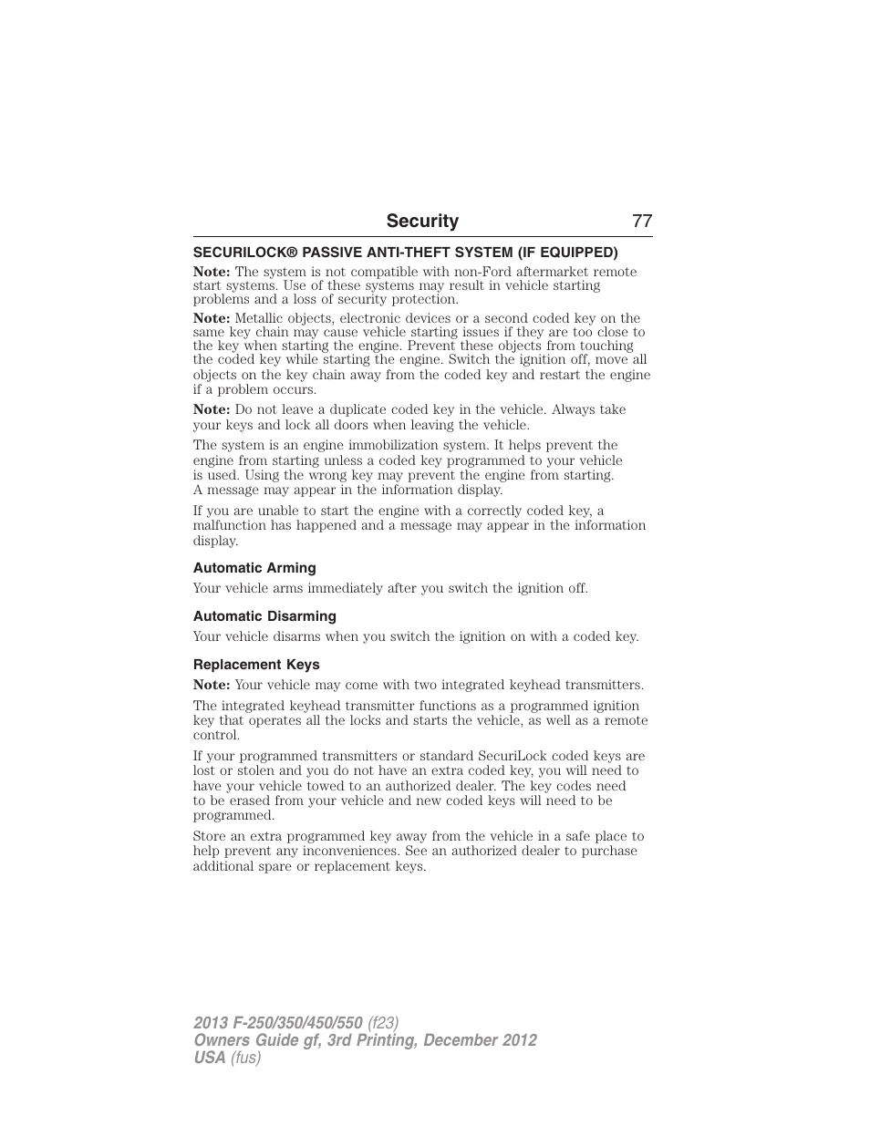 Security, Automatic arming, Automatic disarming | Replacement keys, Securilock® passive anti-theft system, Security 77 | FORD 2013 F-550 v.3 User Manual | Page 78 / 577