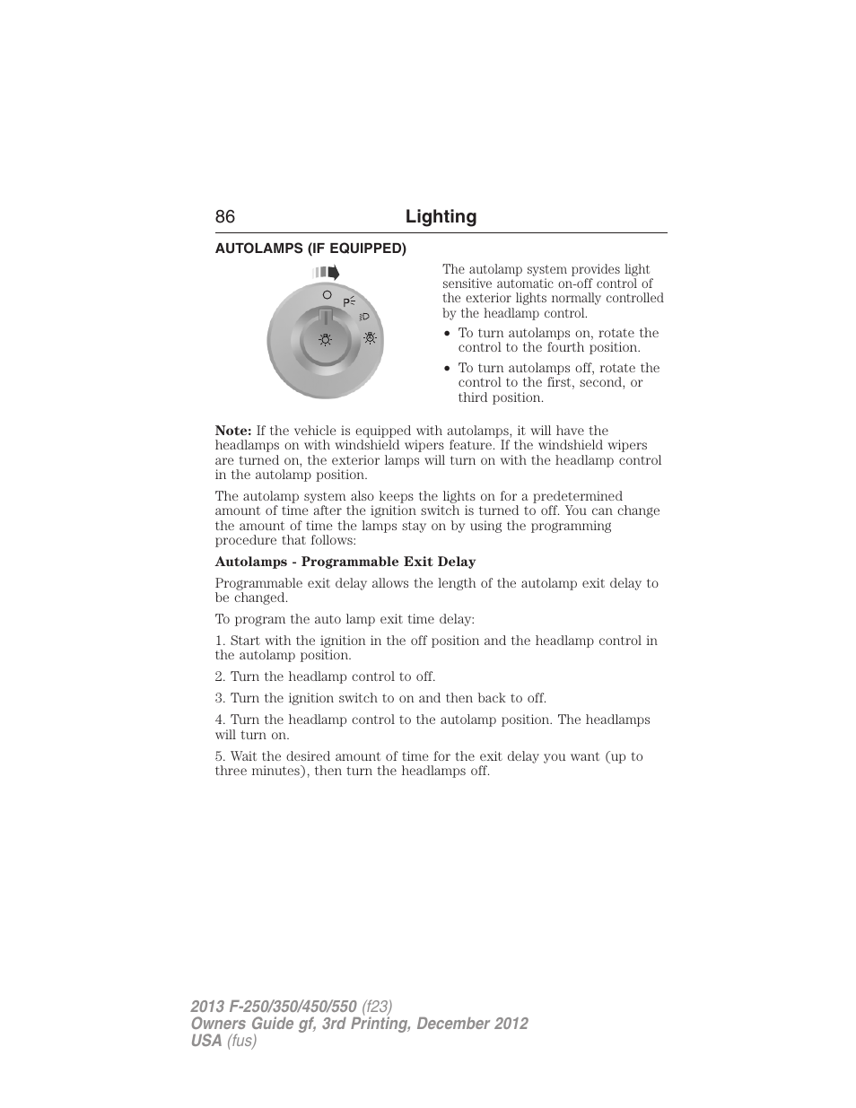 Autolamps (if equipped), Autolamps, 86 lighting | FORD 2013 F-550 v.3 User Manual | Page 87 / 577