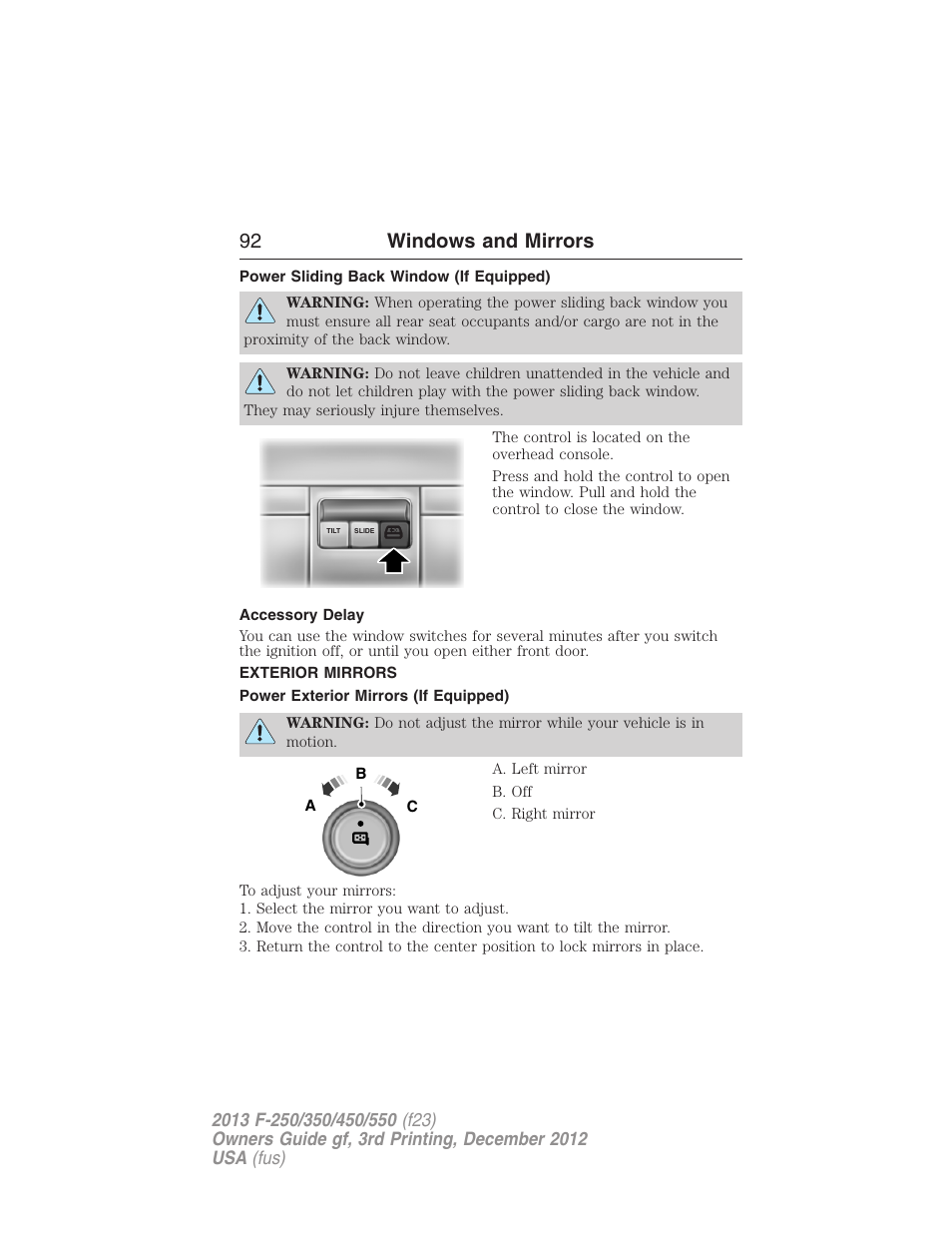 Power sliding back window (if equipped), Accessory delay, Exterior mirrors | Power exterior mirrors (if equipped), 92 windows and mirrors | FORD 2013 F-550 v.3 User Manual | Page 93 / 577