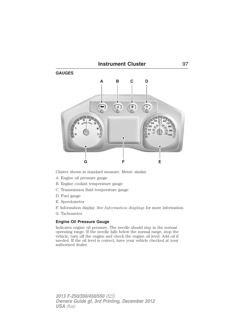 Instrument cluster, Gauges, Engine oil pressure gauge | Instrument cluster 97 | FORD 2013 F-550 v.3 User Manual | Page 98 / 577