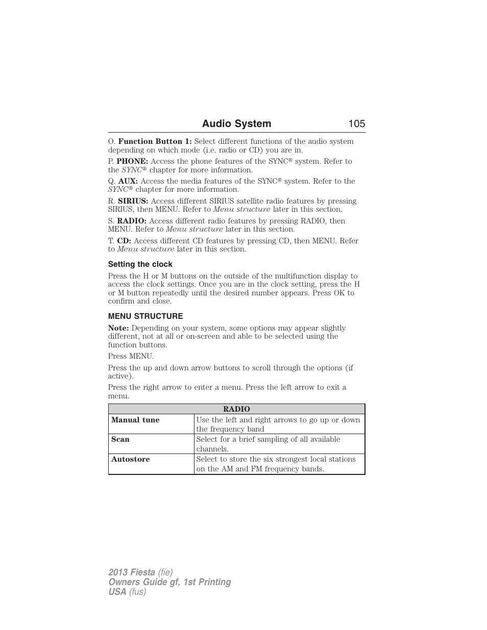 Setting the clock, Menu structure, Audio system 105 | FORD 2013 Fiesta v.1 User Manual | Page 105 / 341