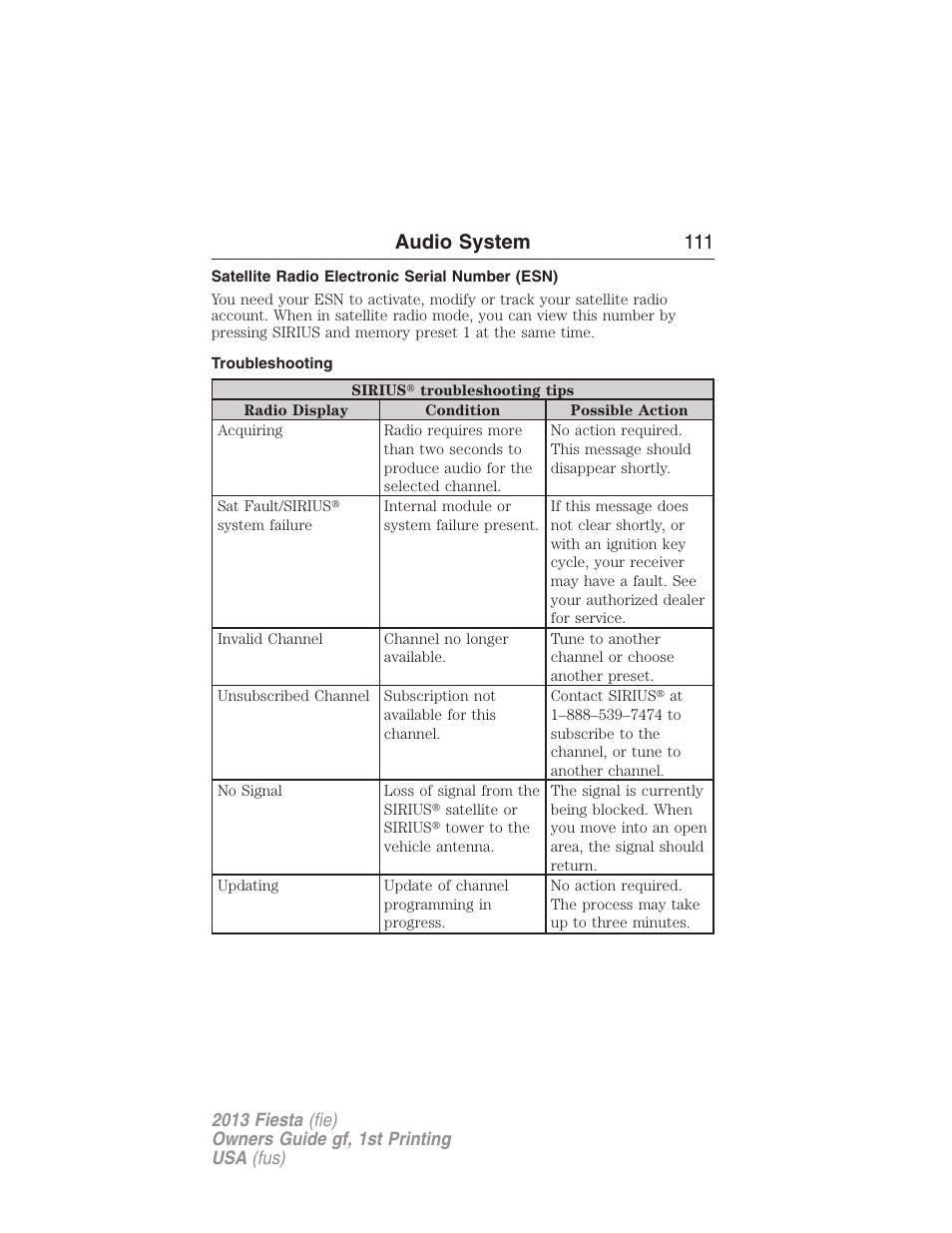 Satellite radio electronic serial number (esn), Troubleshooting, Audio system 111 | FORD 2013 Fiesta v.1 User Manual | Page 111 / 341