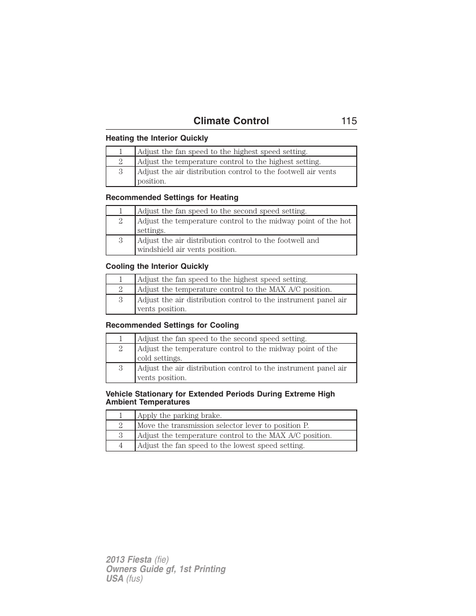 Heating the interior quickly, Recommended settings for heating, Cooling the interior quickly | Recommended settings for cooling, Climate control 115 | FORD 2013 Fiesta v.1 User Manual | Page 115 / 341