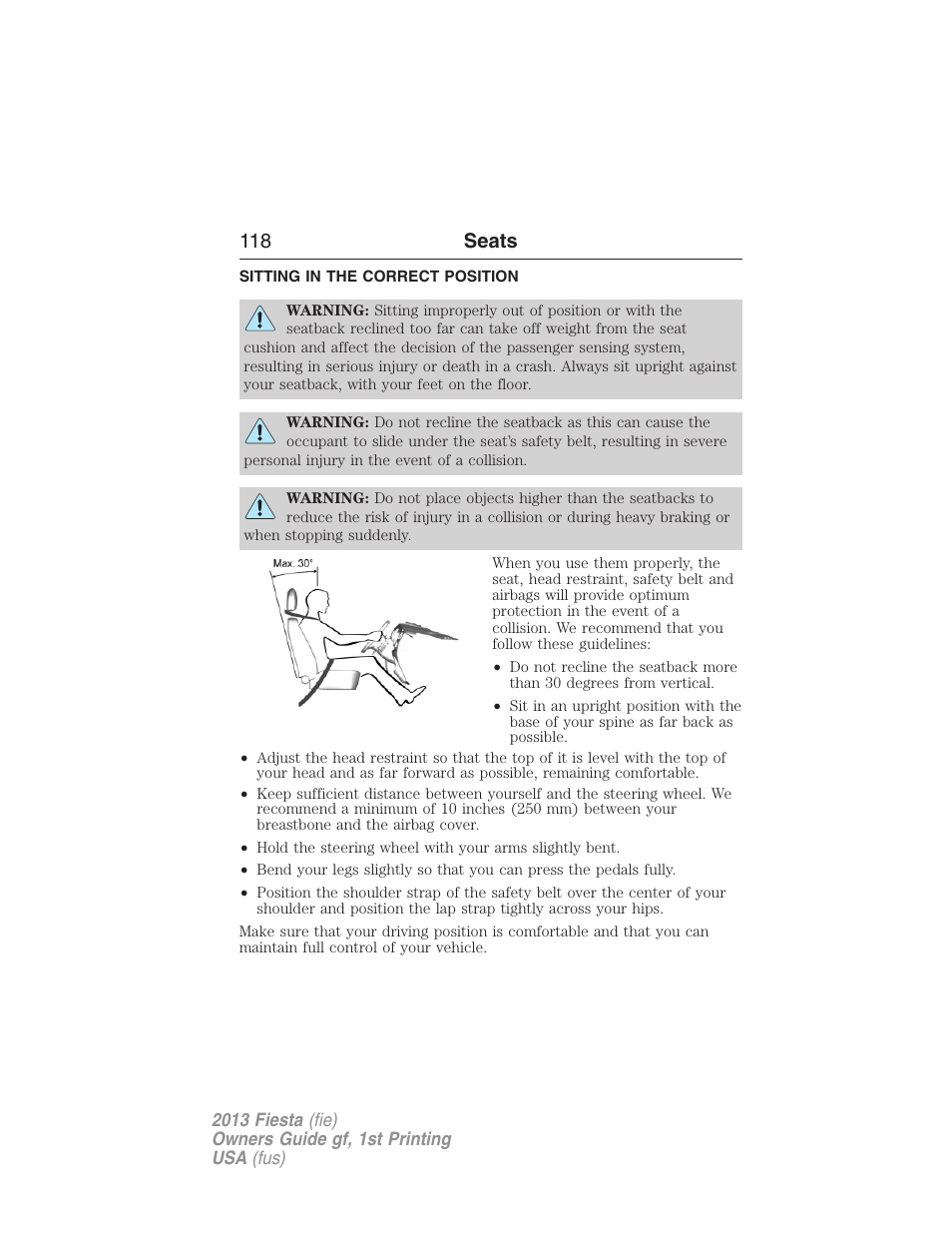 Seats, Sitting in the correct position, 118 seats | FORD 2013 Fiesta v.1 User Manual | Page 118 / 341