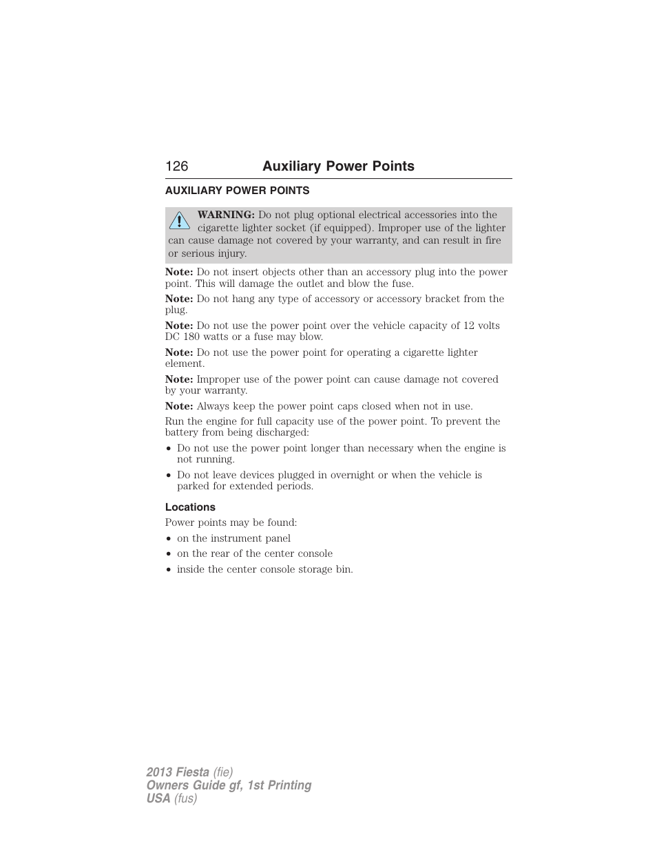 Auxiliary power points, Locations, 126 auxiliary power points | FORD 2013 Fiesta v.1 User Manual | Page 126 / 341