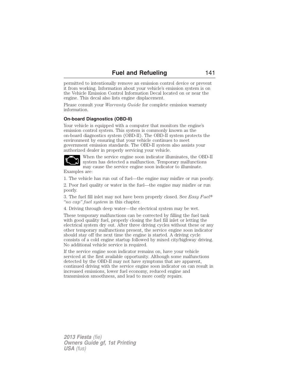 On-board diagnostics (obd-ii), Fuel and refueling 141 | FORD 2013 Fiesta v.1 User Manual | Page 141 / 341