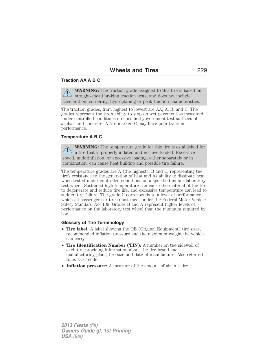 Traction aa a b c, Temperature a b c, Glossary of tire terminology | Wheels and tires 229 | FORD 2013 Fiesta v.1 User Manual | Page 229 / 341