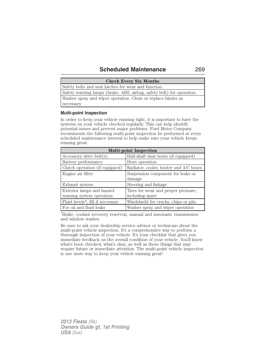 Multi-point inspection, Scheduled maintenance 269 | FORD 2013 Fiesta v.1 User Manual | Page 269 / 341