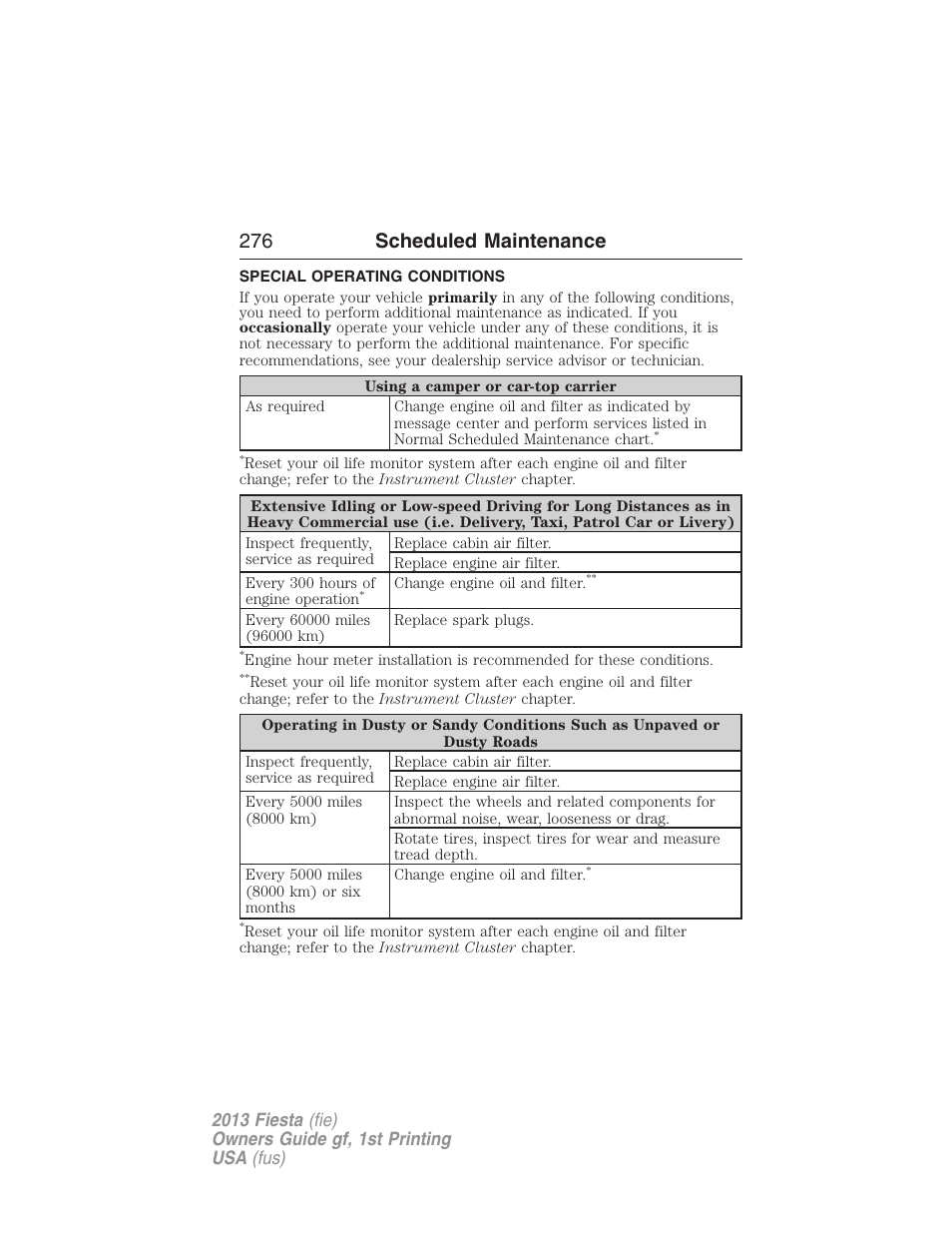 Special operating conditions, 276 scheduled maintenance | FORD 2013 Fiesta v.1 User Manual | Page 276 / 341