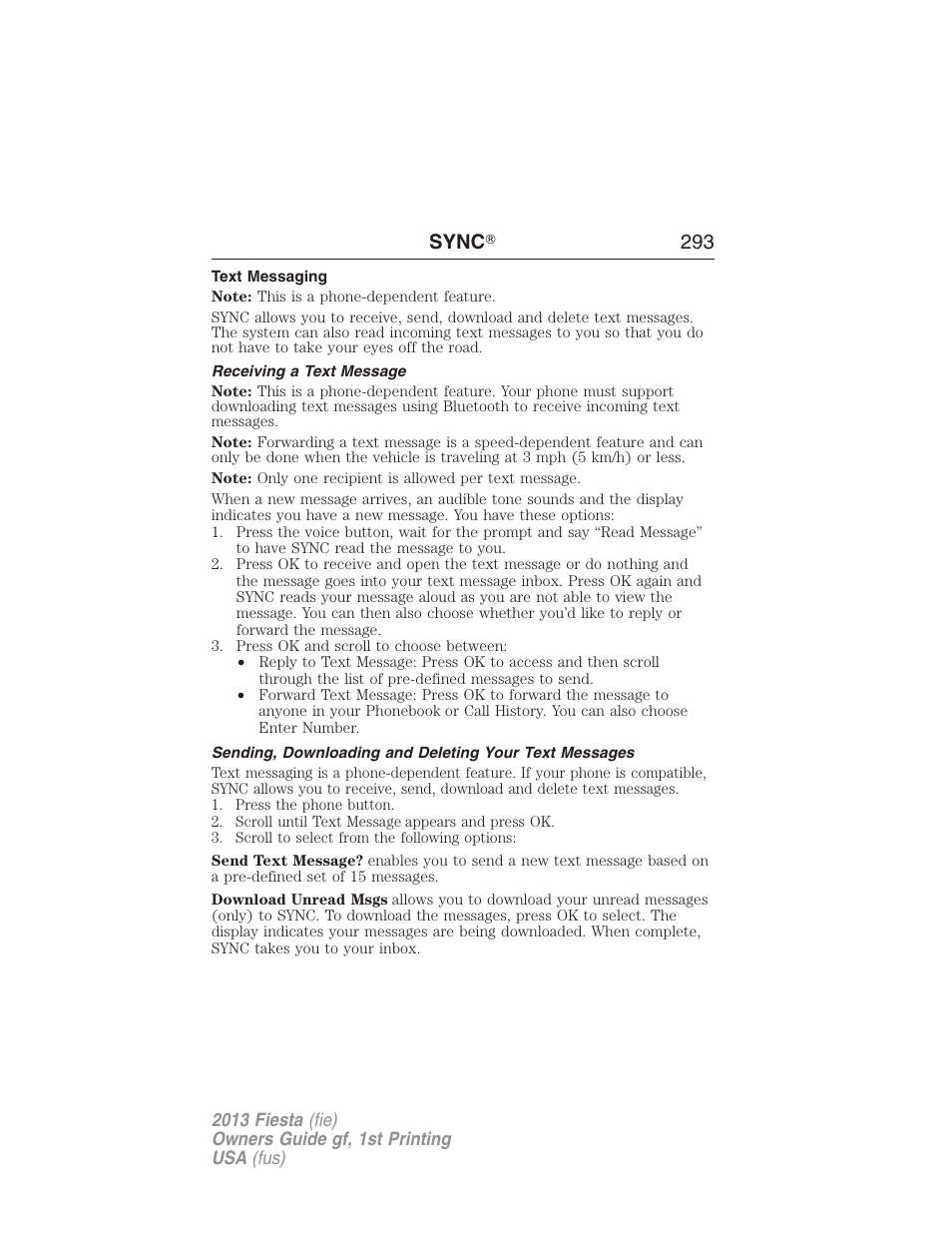 Text messaging, Receiving a text message, Sync ா 293 | FORD 2013 Fiesta v.1 User Manual | Page 293 / 341