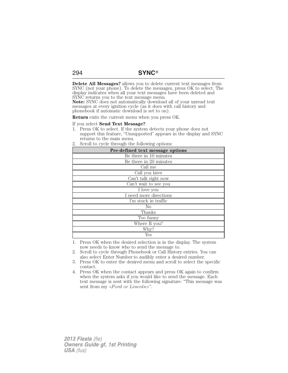 294 sync | FORD 2013 Fiesta v.1 User Manual | Page 294 / 341