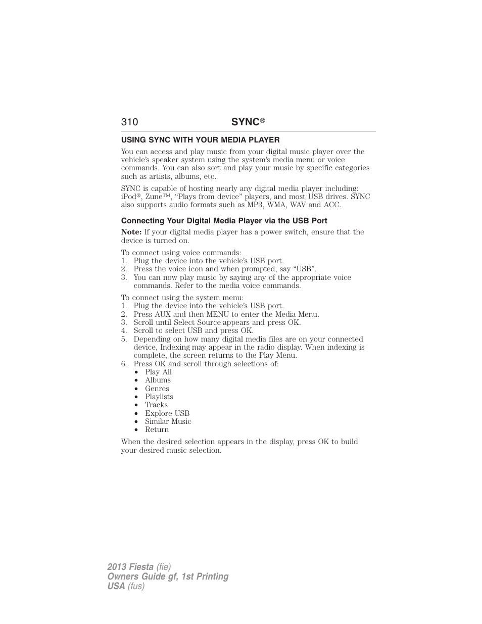 Using sync with your media player, 310 sync | FORD 2013 Fiesta v.1 User Manual | Page 310 / 341