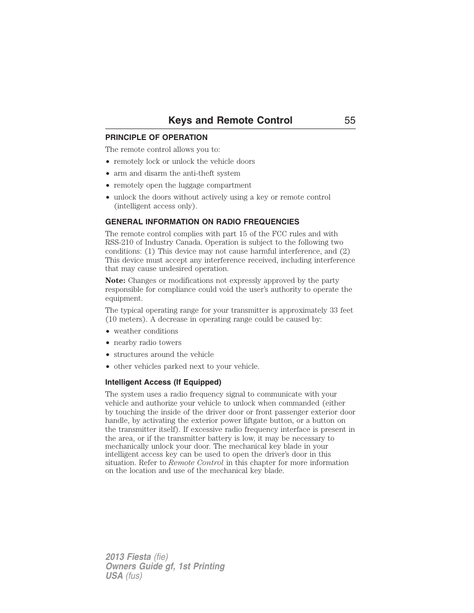 Keys and remote control, Principle of operation, General information on radio frequencies | Intelligent access (if equipped), Keys and remote control 55 | FORD 2013 Fiesta v.1 User Manual | Page 55 / 341