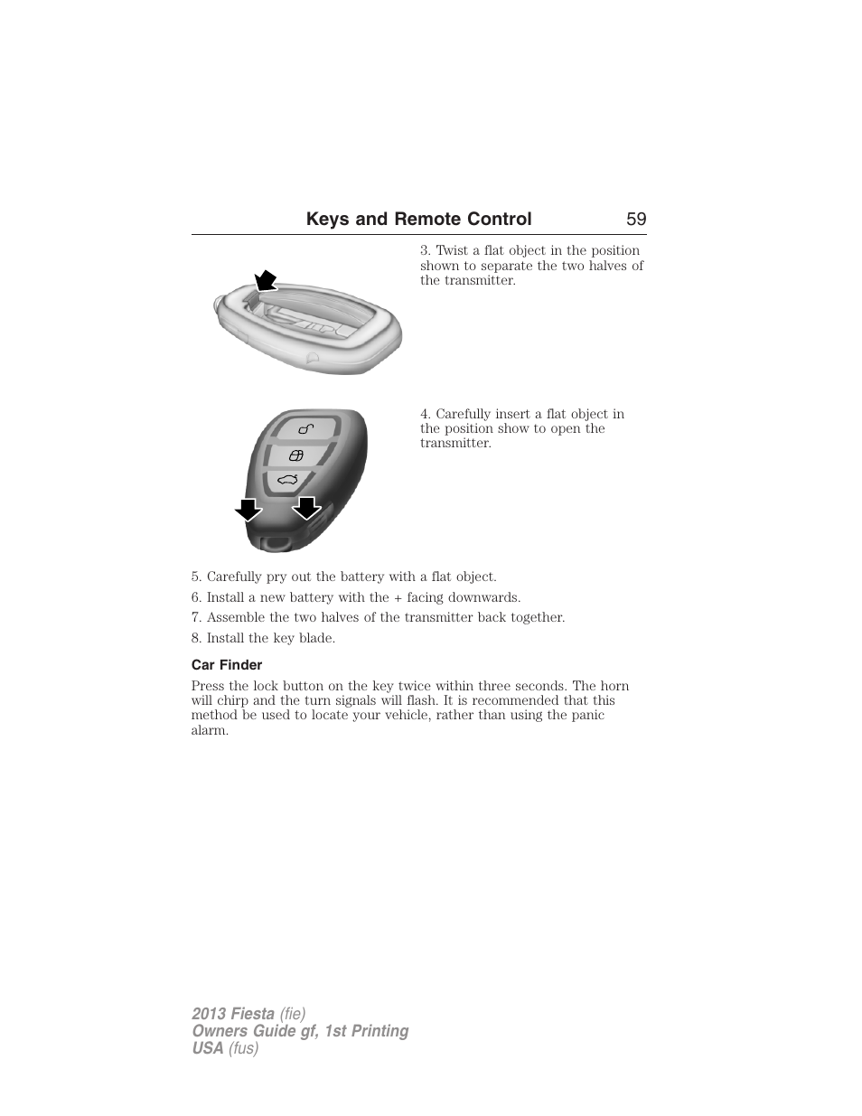 Car finder, Keys and remote control 59 | FORD 2013 Fiesta v.1 User Manual | Page 59 / 341