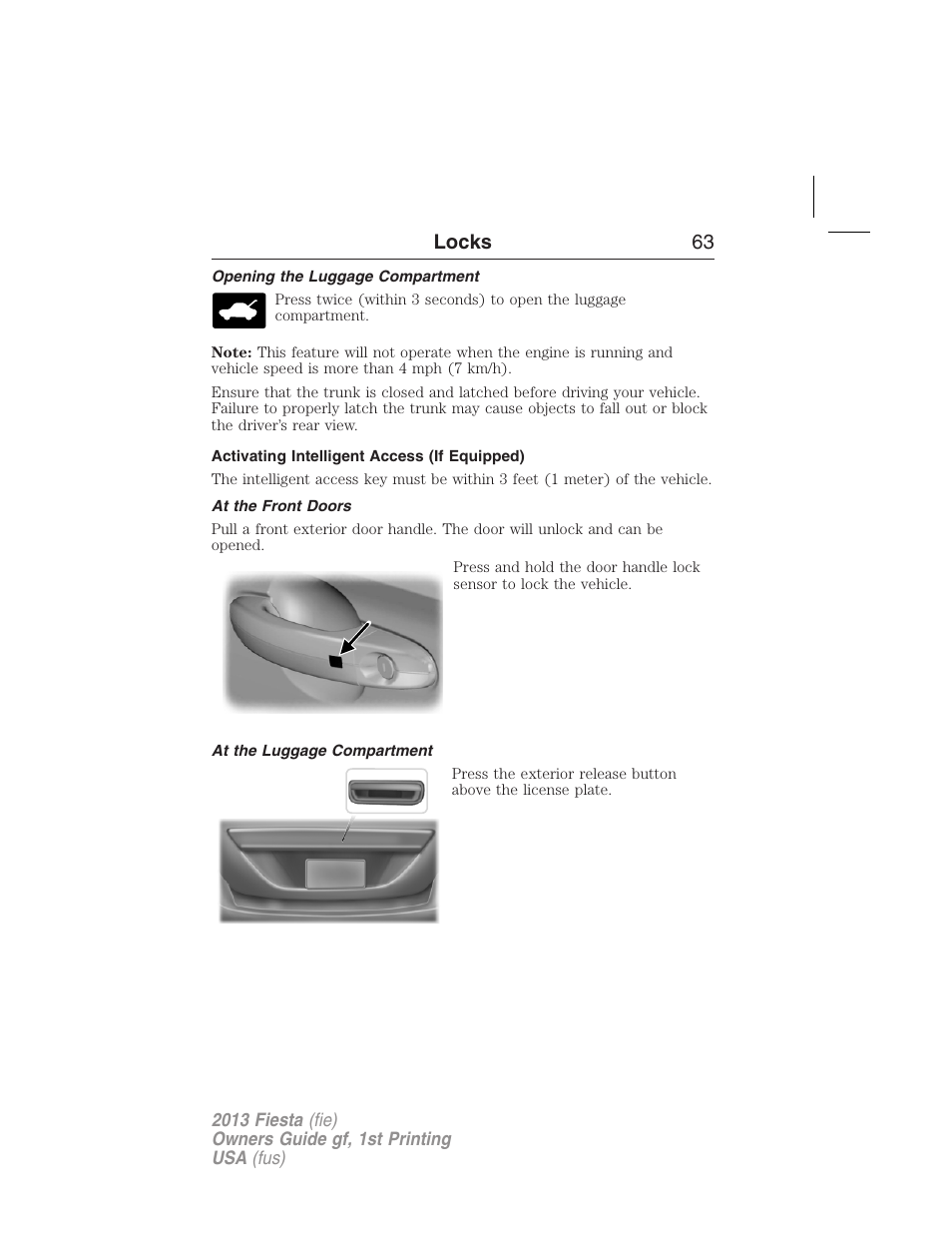 Opening the luggage compartment, Activating intelligent access (if equipped), At the front doors | At the luggage compartment, Locks 63 | FORD 2013 Fiesta v.1 User Manual | Page 63 / 341