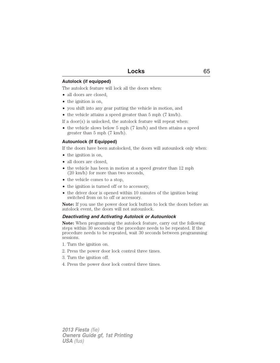 Autolock (if equipped), Autounlock (if equipped), Deactivating and activating autolock or autounlock | Locks 65 | FORD 2013 Fiesta v.1 User Manual | Page 65 / 341