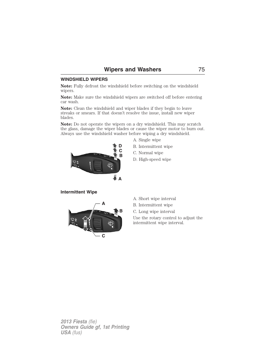 Wipers and washers, Windshield wipers, Intermittent wipe | Wipers and washers 75 | FORD 2013 Fiesta v.1 User Manual | Page 75 / 341