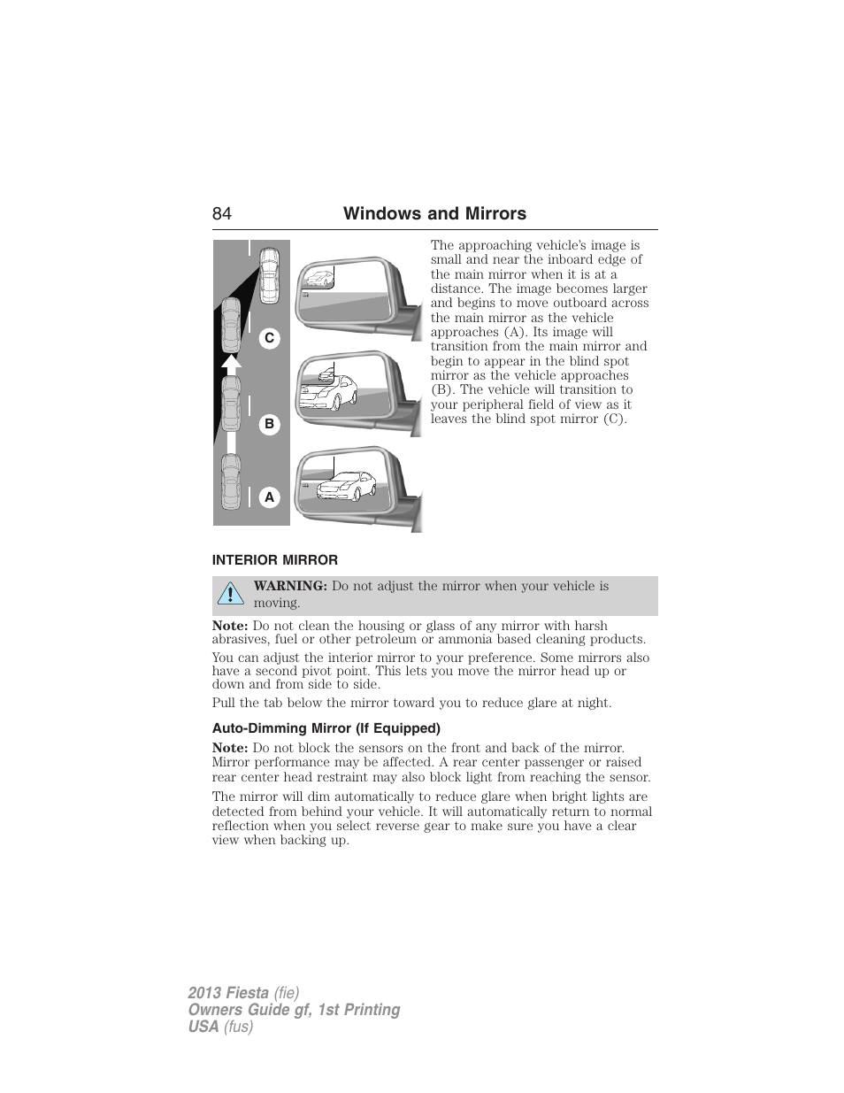 Interior mirror, Auto-dimming mirror (if equipped), Interior mirrors | 84 windows and mirrors | FORD 2013 Fiesta v.1 User Manual | Page 84 / 341