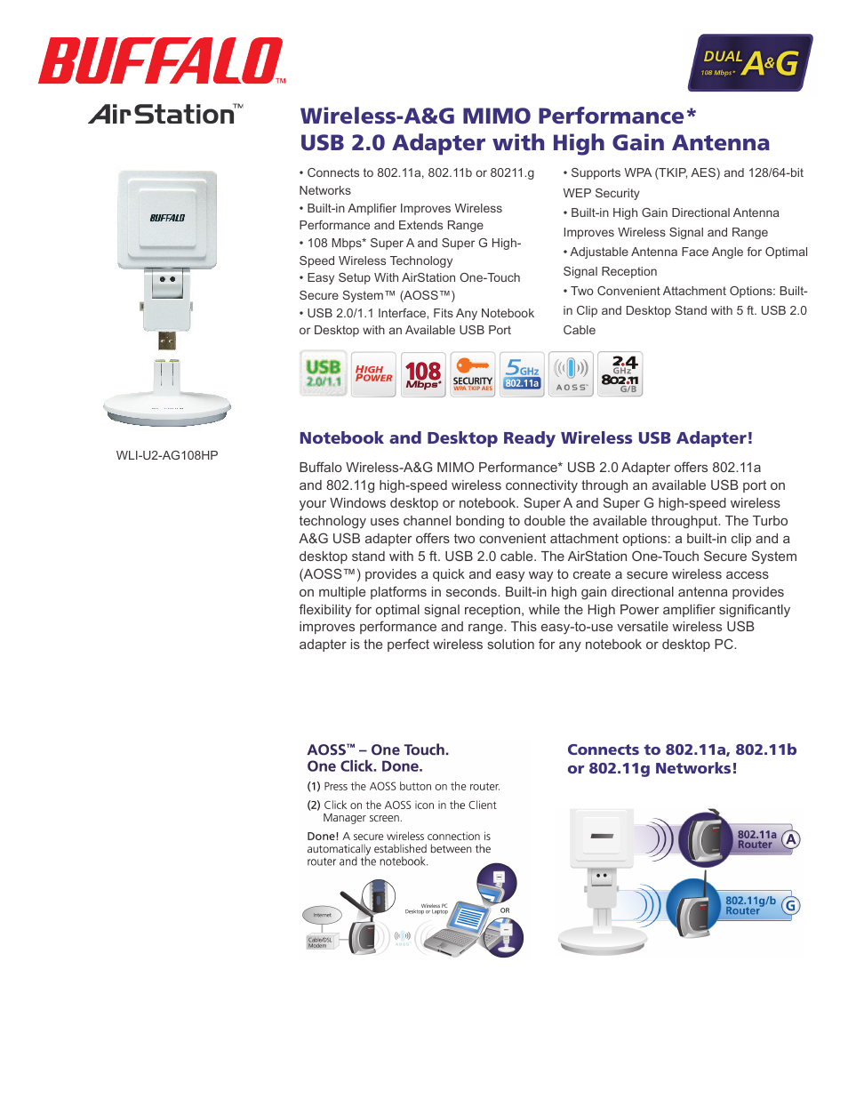 Buffalo Technology Buffalo AirStation Turbo A&G Wireless USB 2.0 Adapter WLI-U2-AG108HP User Manual | 2 pages