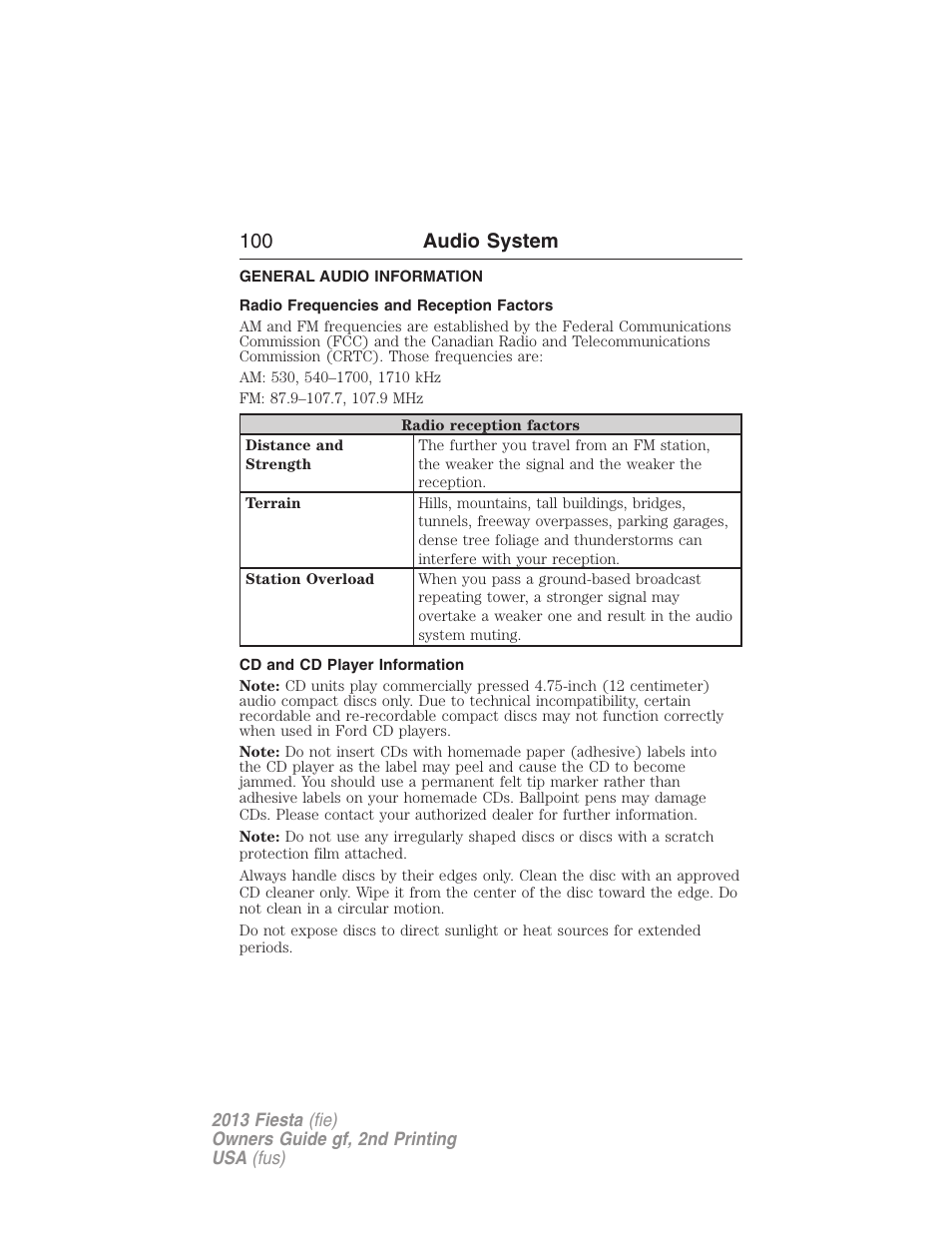 Audio system, General audio information, Radio frequencies and reception factors | Cd and cd player information, 100 audio system | FORD 2013 Fiesta v.2 User Manual | Page 101 / 346