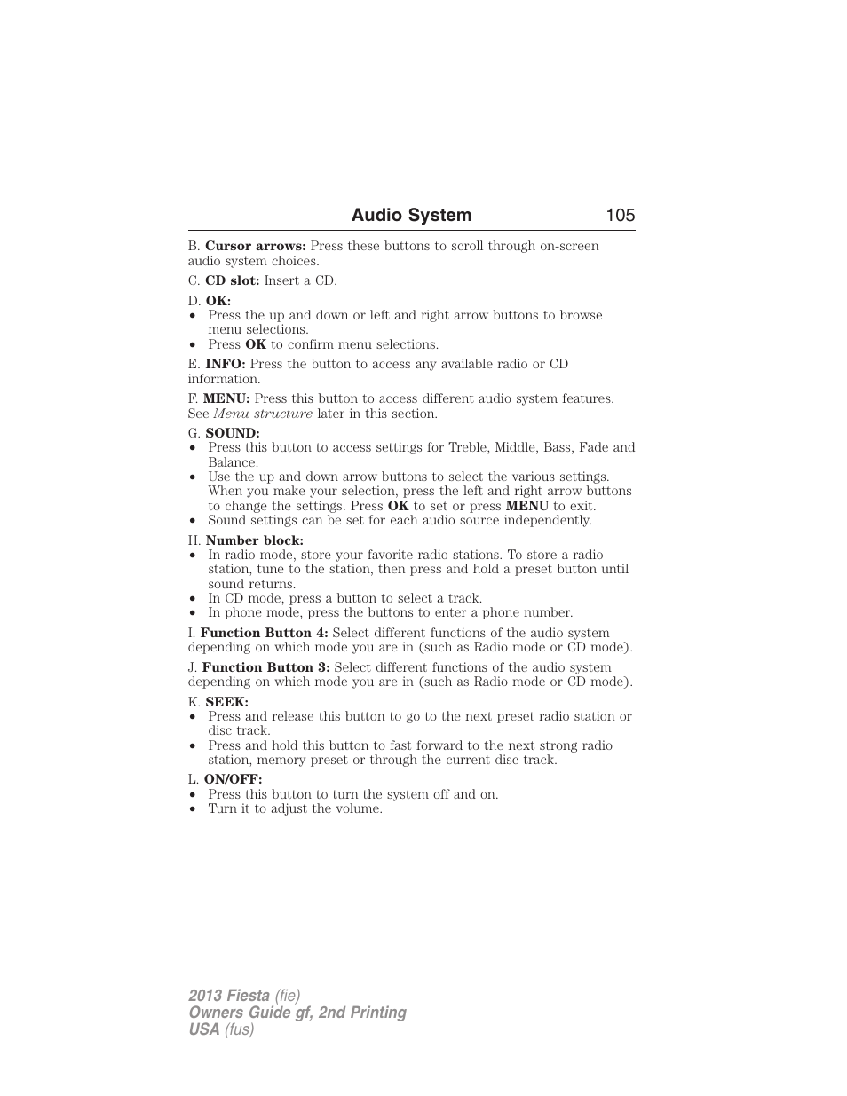 Audio system 105 | FORD 2013 Fiesta v.2 User Manual | Page 106 / 346