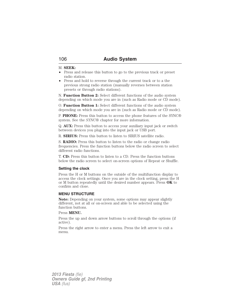 Setting the clock, Menu structure, 106 audio system | FORD 2013 Fiesta v.2 User Manual | Page 107 / 346