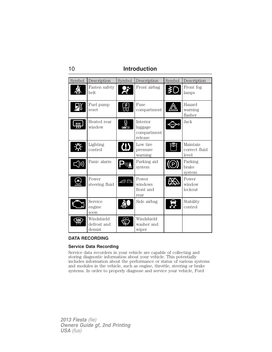 Data recording, Service data recording, 10 introduction | FORD 2013 Fiesta v.2 User Manual | Page 11 / 346