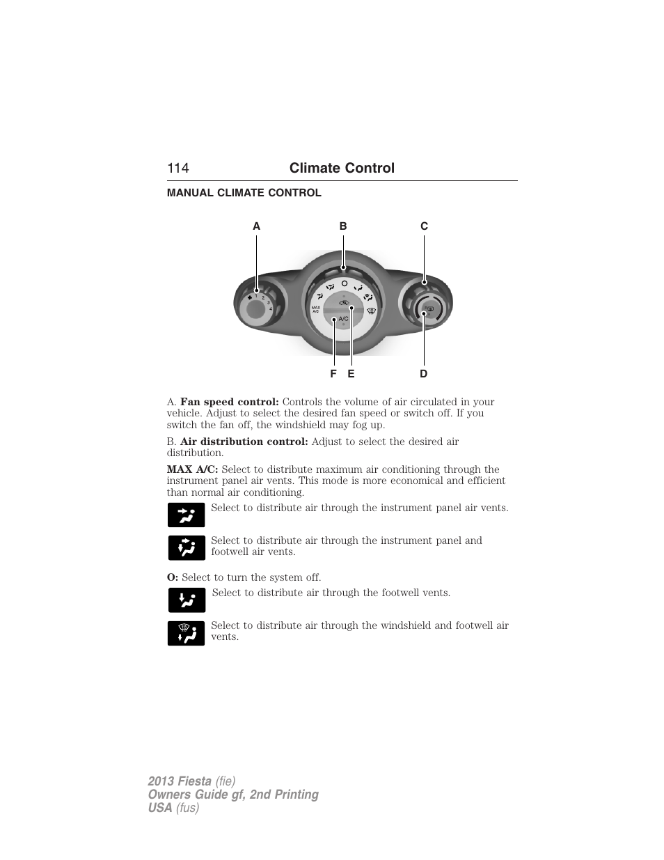 Climate control, Manual climate control, Manual heating and air conditioning | 114 climate control | FORD 2013 Fiesta v.2 User Manual | Page 115 / 346