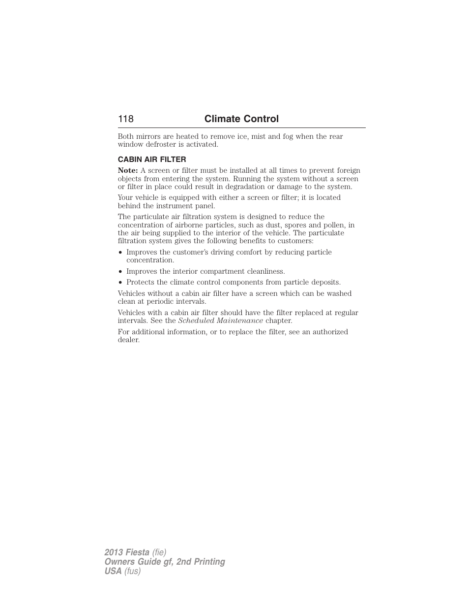 Cabin air filter, 118 climate control | FORD 2013 Fiesta v.2 User Manual | Page 119 / 346