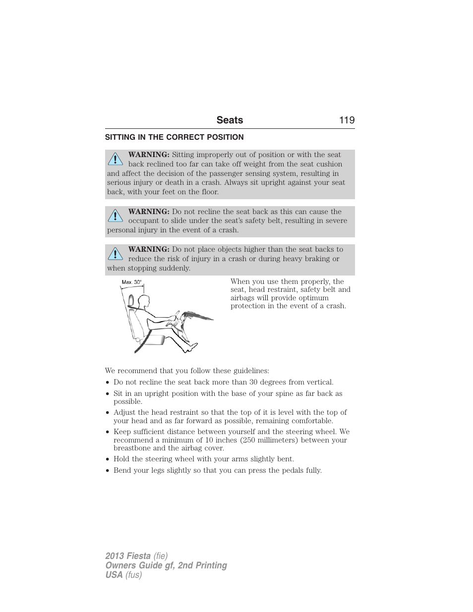 Seats, Sitting in the correct position, Seats 119 | FORD 2013 Fiesta v.2 User Manual | Page 120 / 346