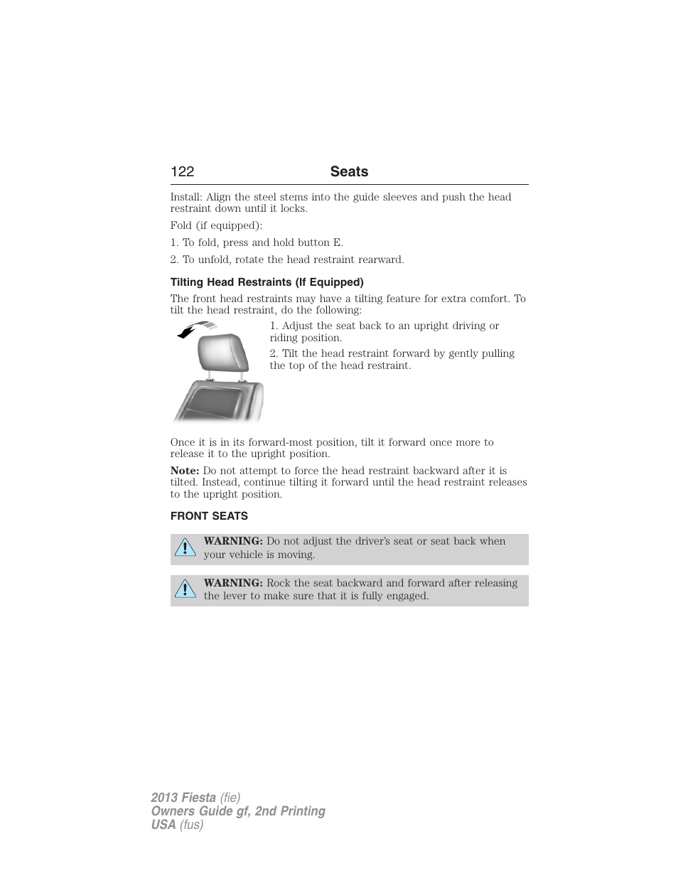 Tilting head restraints (if equipped), Front seats, 122 seats | FORD 2013 Fiesta v.2 User Manual | Page 123 / 346