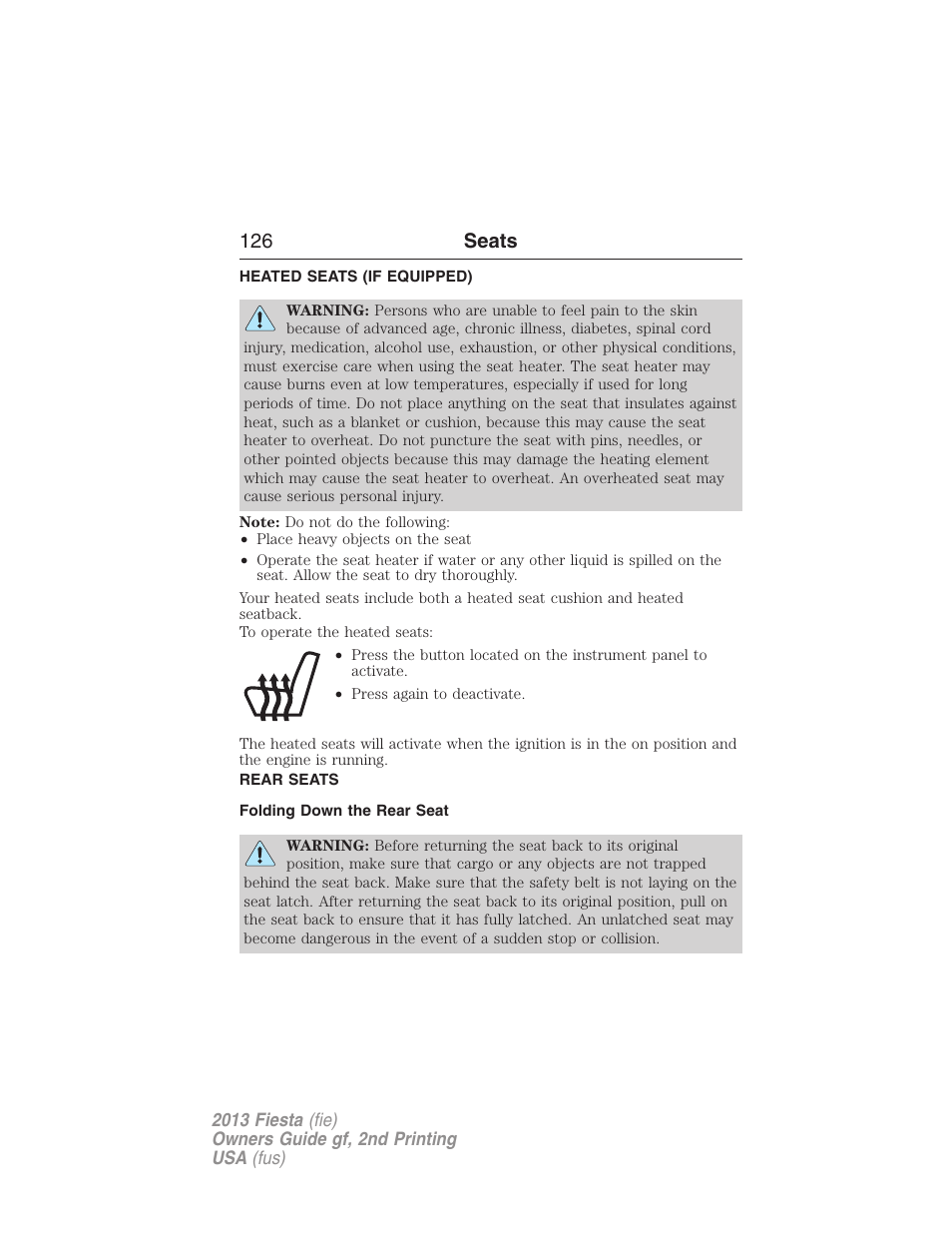 Heated seats (if equipped), Rear seats, Folding down the rear seat | Heated seats, 126 seats | FORD 2013 Fiesta v.2 User Manual | Page 127 / 346