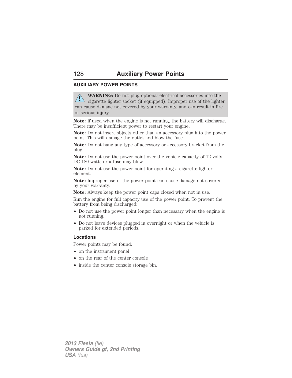 Auxiliary power points, Locations, 128 auxiliary power points | FORD 2013 Fiesta v.2 User Manual | Page 129 / 346