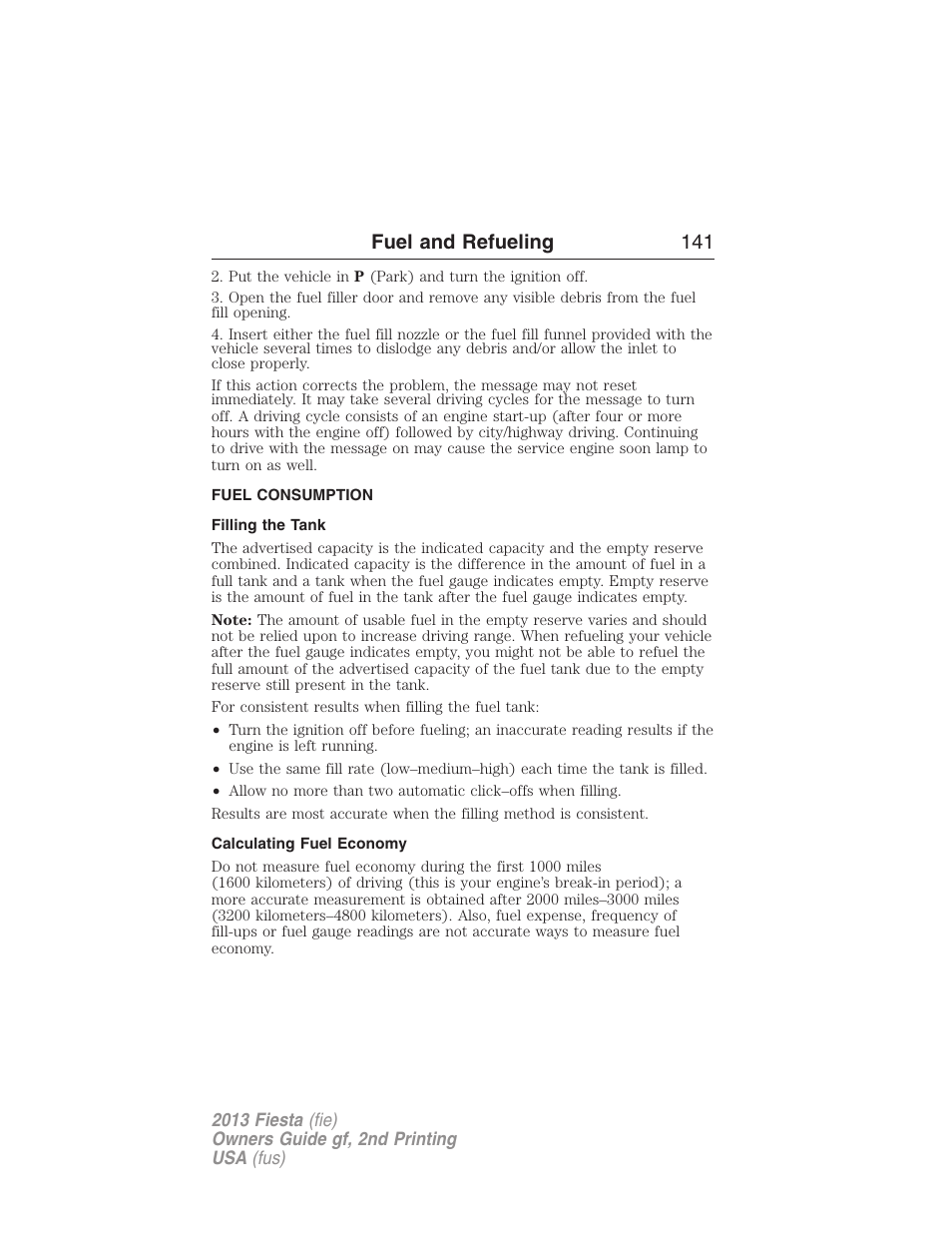 Fuel consumption, Filling the tank, Calculating fuel economy | Fuel and refueling 141 | FORD 2013 Fiesta v.2 User Manual | Page 142 / 346