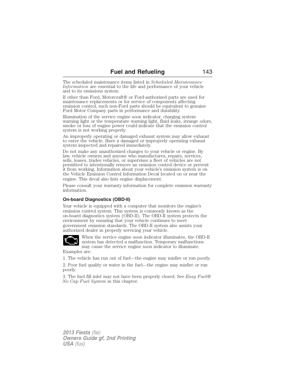 On-board diagnostics (obd-ii), Fuel and refueling 143 | FORD 2013 Fiesta v.2 User Manual | Page 144 / 346