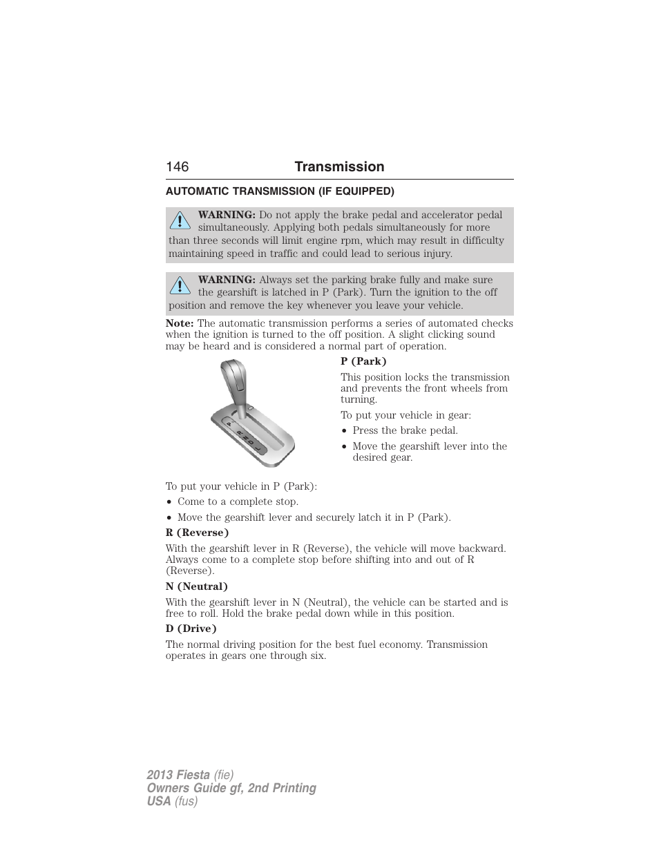 Transmission, Automatic transmission (if equipped), Automatic transmission | 146 transmission | FORD 2013 Fiesta v.2 User Manual | Page 147 / 346