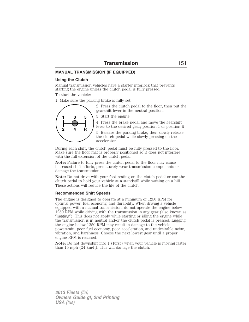 Manual transmission (if equipped), Using the clutch, Recommended shift speeds | Manual transmission, Transmission 151 | FORD 2013 Fiesta v.2 User Manual | Page 152 / 346