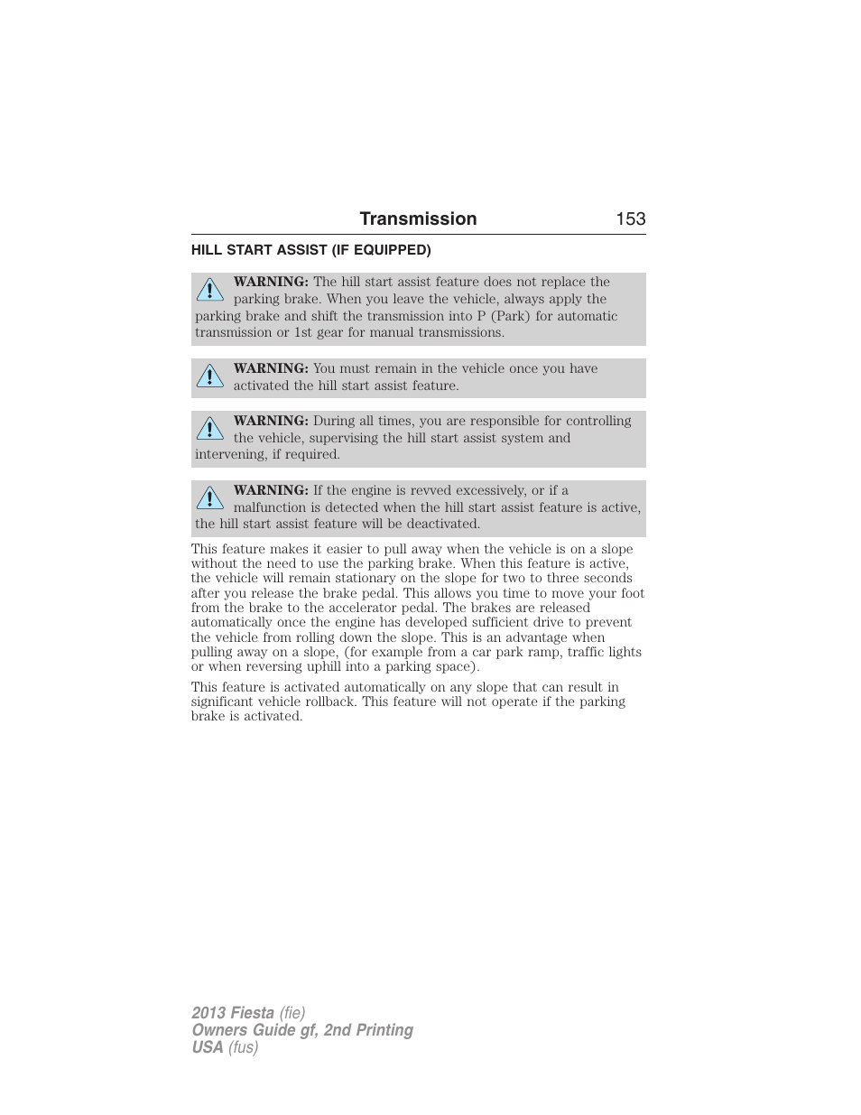 Hill start assist (if equipped), Hill start assist, Transmission 153 | FORD 2013 Fiesta v.2 User Manual | Page 154 / 346