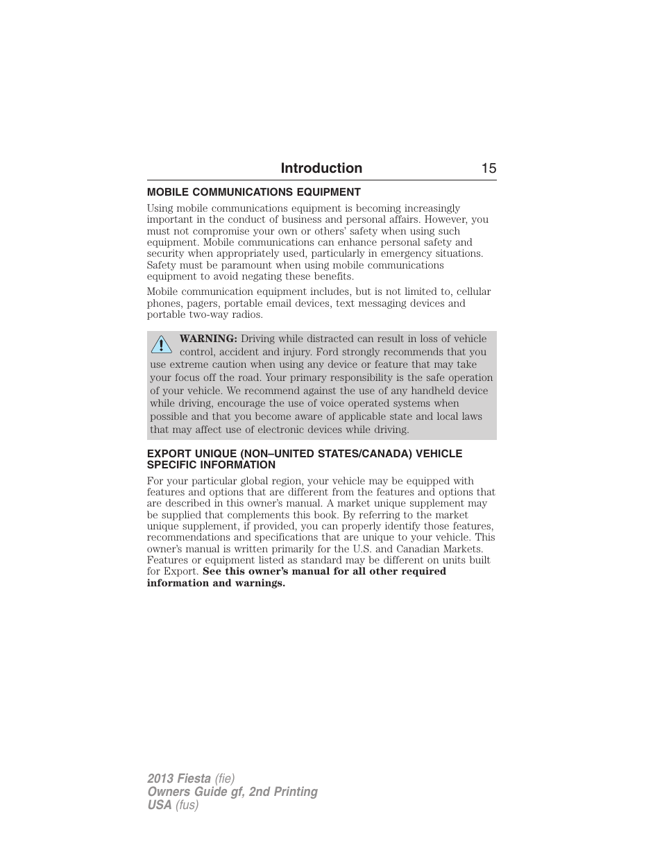 Mobile communications equipment, Introduction 15 | FORD 2013 Fiesta v.2 User Manual | Page 16 / 346
