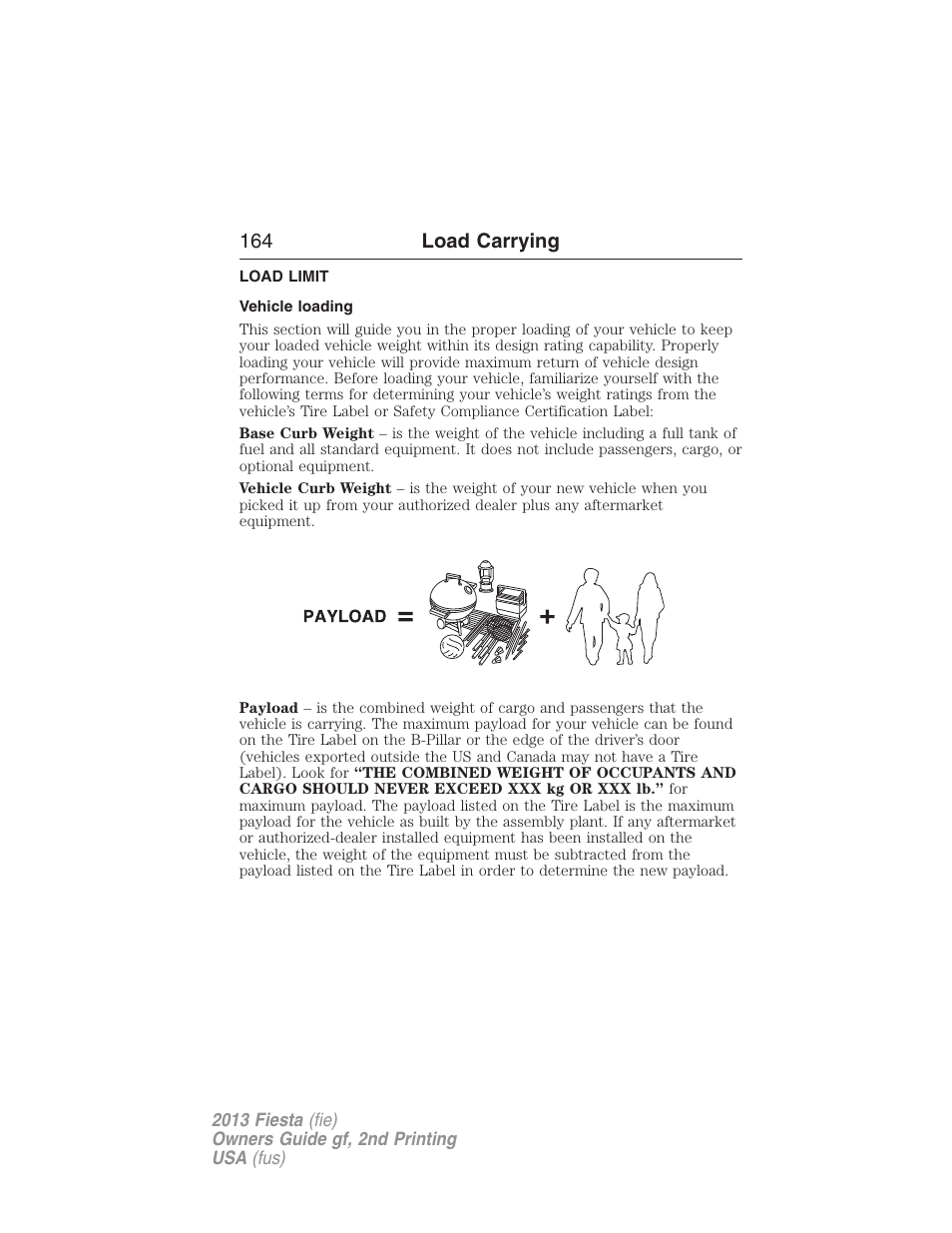 Load carrying, Load limit, Vehicle loading | 164 load carrying | FORD 2013 Fiesta v.2 User Manual | Page 165 / 346