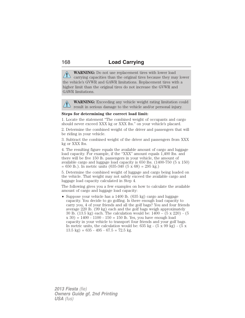168 load carrying | FORD 2013 Fiesta v.2 User Manual | Page 169 / 346