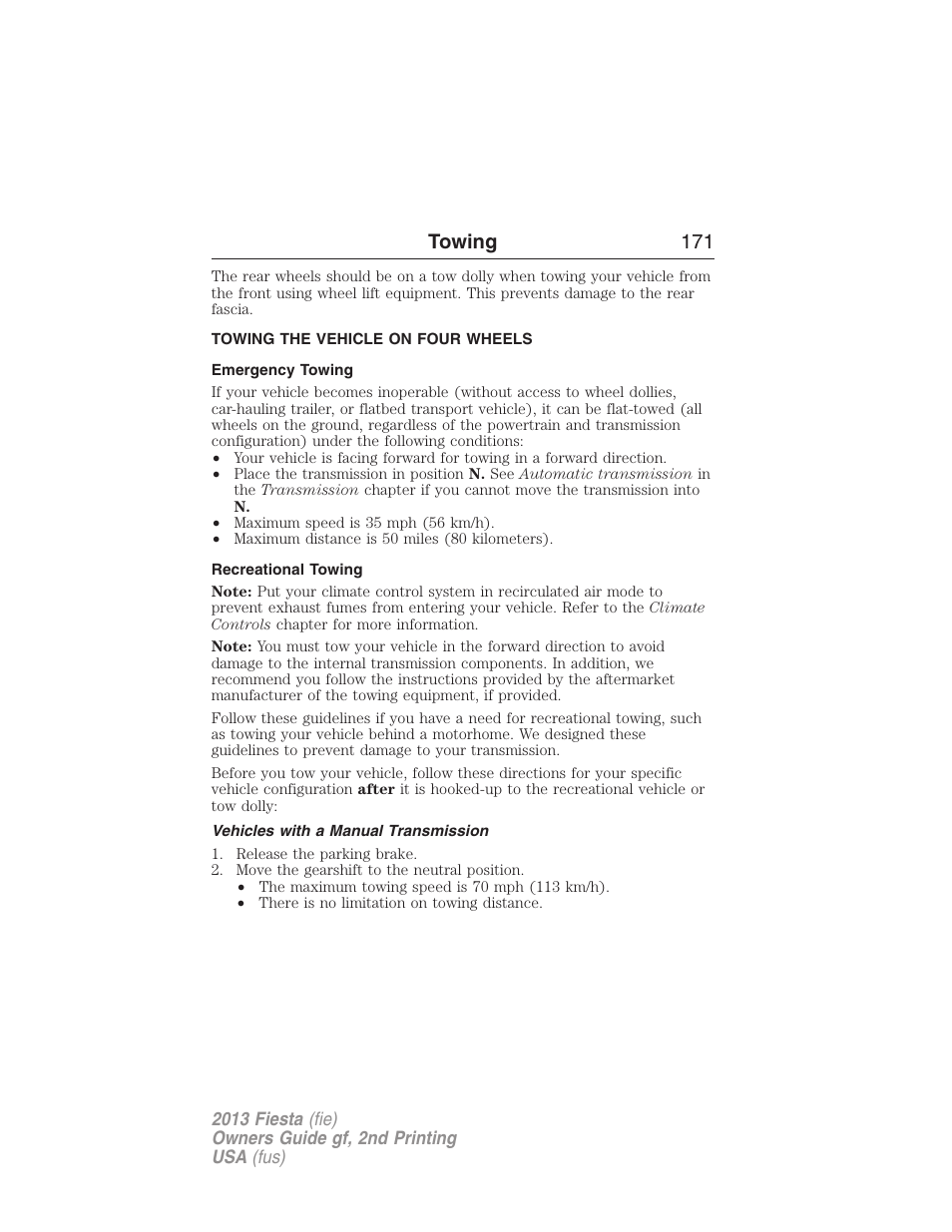 Towing the vehicle on four wheels, Emergency towing, Recreational towing | Vehicles with a manual transmission, Towing 171 | FORD 2013 Fiesta v.2 User Manual | Page 172 / 346