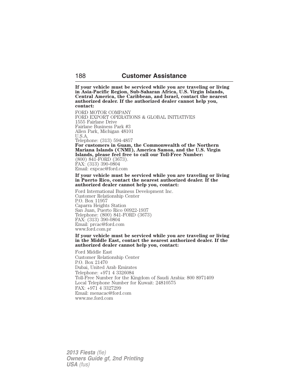 188 customer assistance | FORD 2013 Fiesta v.2 User Manual | Page 189 / 346