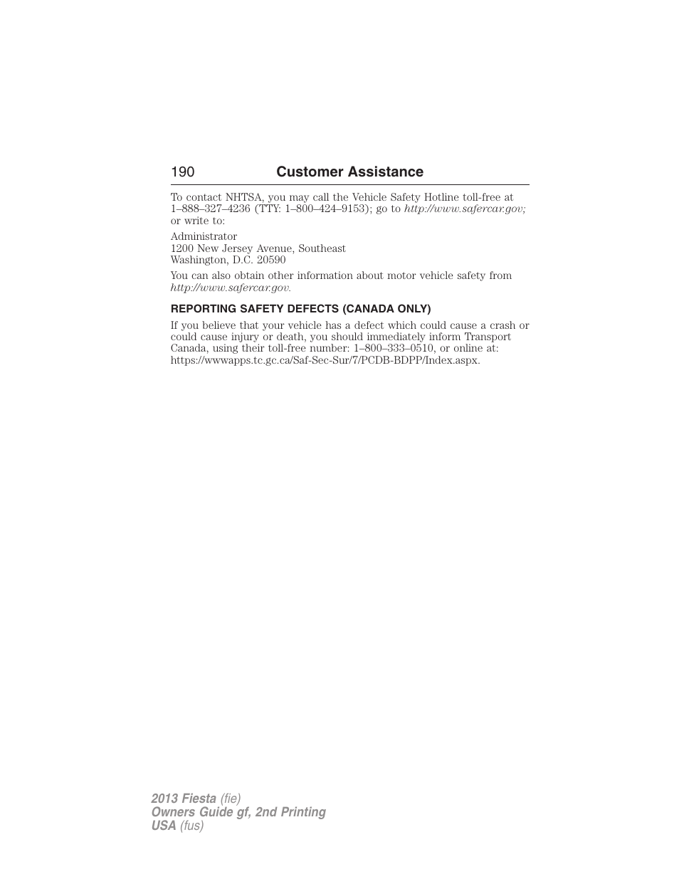 Reporting safety defects (canada only) | FORD 2013 Fiesta v.2 User Manual | Page 191 / 346