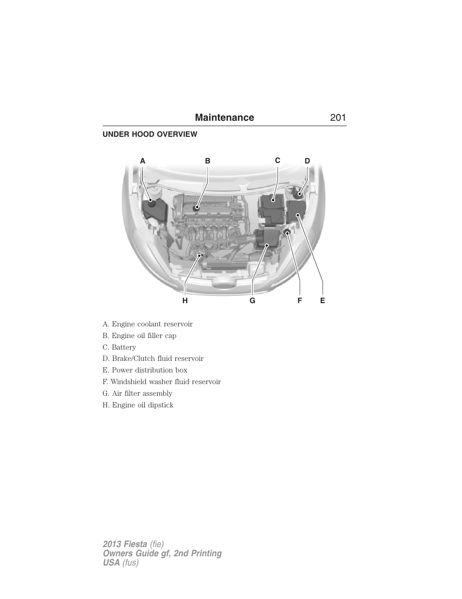 Under hood overview, Maintenance 201 | FORD 2013 Fiesta v.2 User Manual | Page 202 / 346