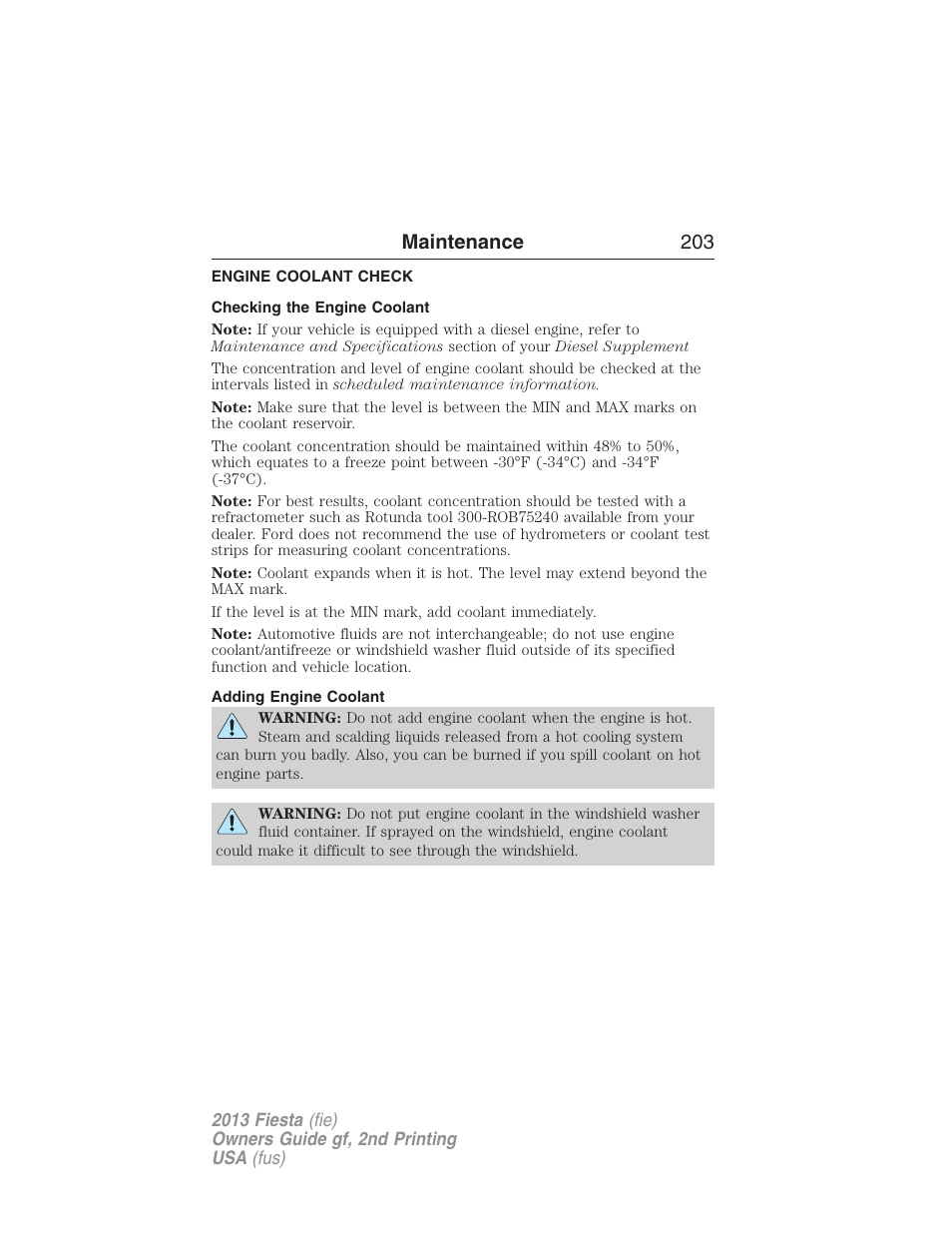 Engine coolant check, Checking the engine coolant, Adding engine coolant | Maintenance 203 | FORD 2013 Fiesta v.2 User Manual | Page 204 / 346