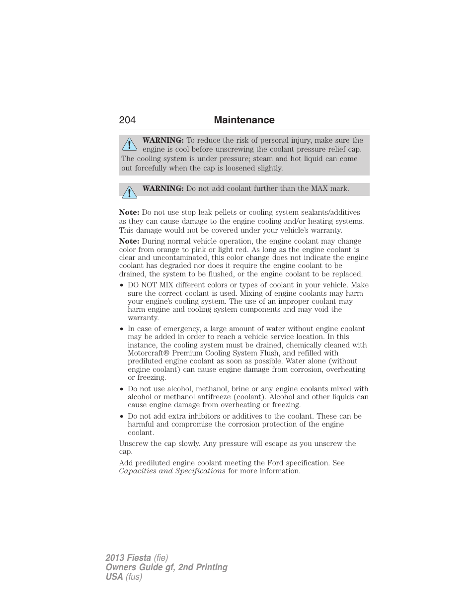 204 maintenance | FORD 2013 Fiesta v.2 User Manual | Page 205 / 346